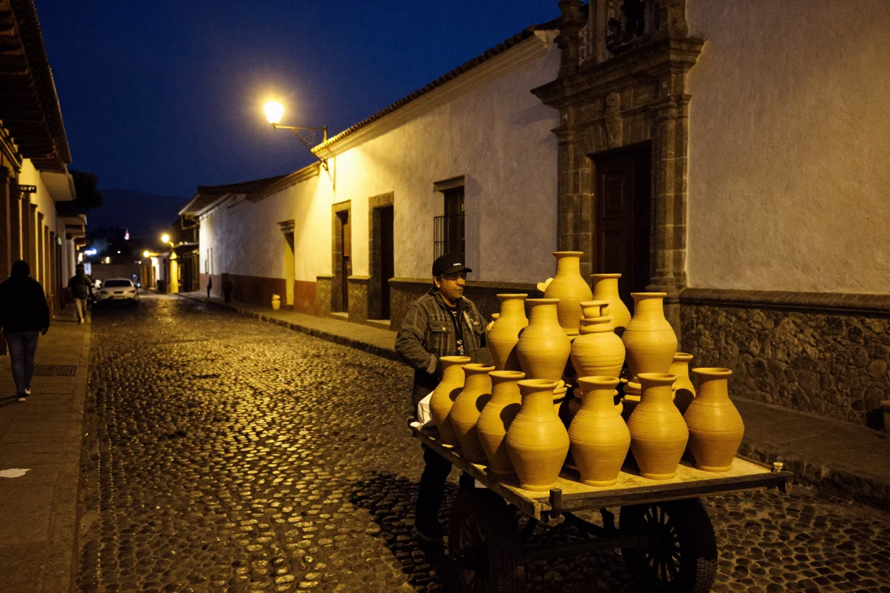 Midnight Street Scene in Quito Ecuador With Ceramic Pots and Local Life in in Quito, Ecuador