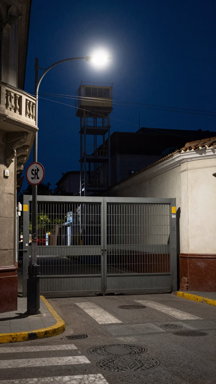Midnight Street Scene in Quito Ecuador With Construction Elevator Gate And Rebar Bundles in in Quito, Ecuador