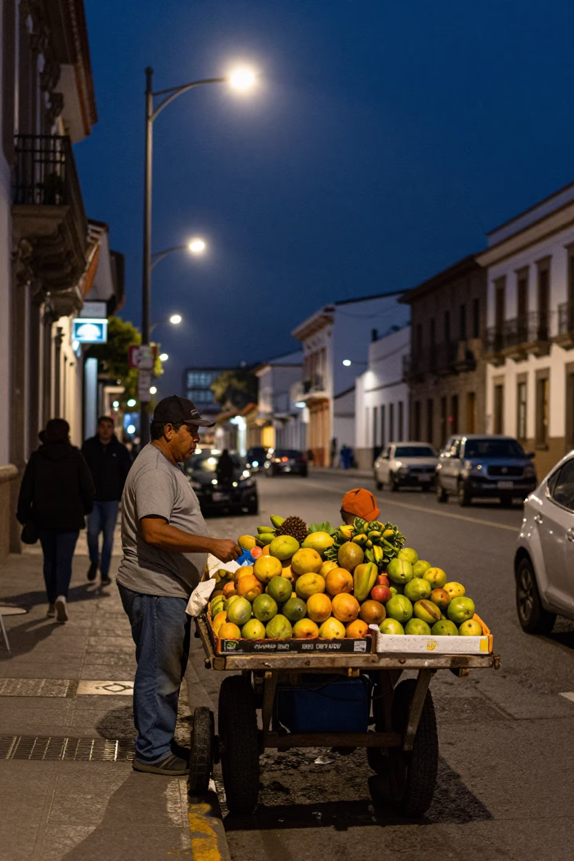 Midnight Street Scene in Quito Ecuador with Fruit Vendor and Urban Night Life in in Quito, Ecuador