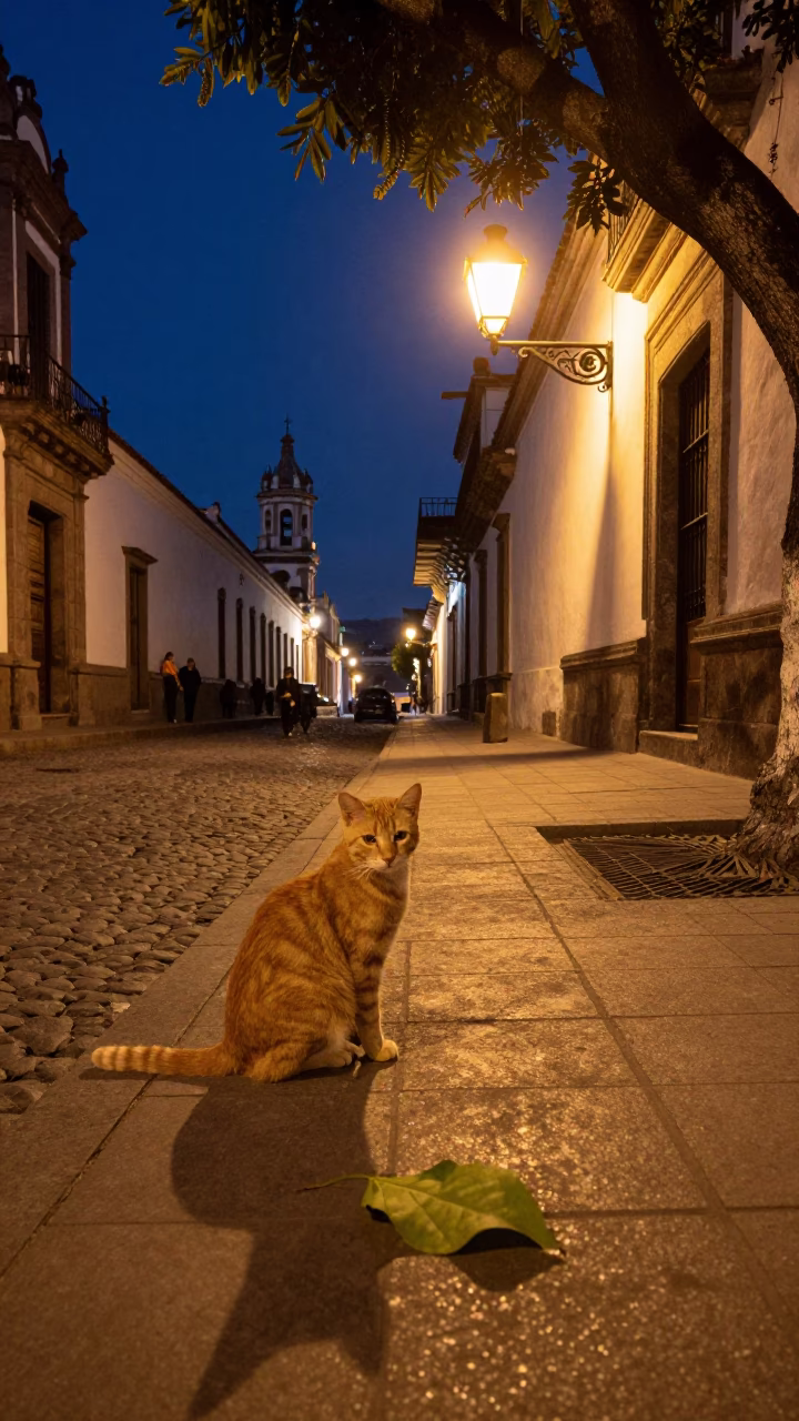 Midnight Street Scene in Quito Ecuador with Ginger Cat and Leaf Shadows in in Quito, Ecuador