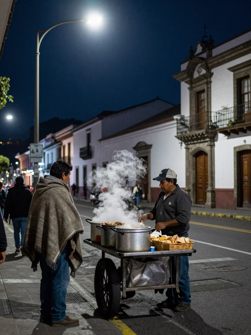 Midnight Street Scene in Quito Ecuador with Local Food and Architecture in in Quito, Ecuador