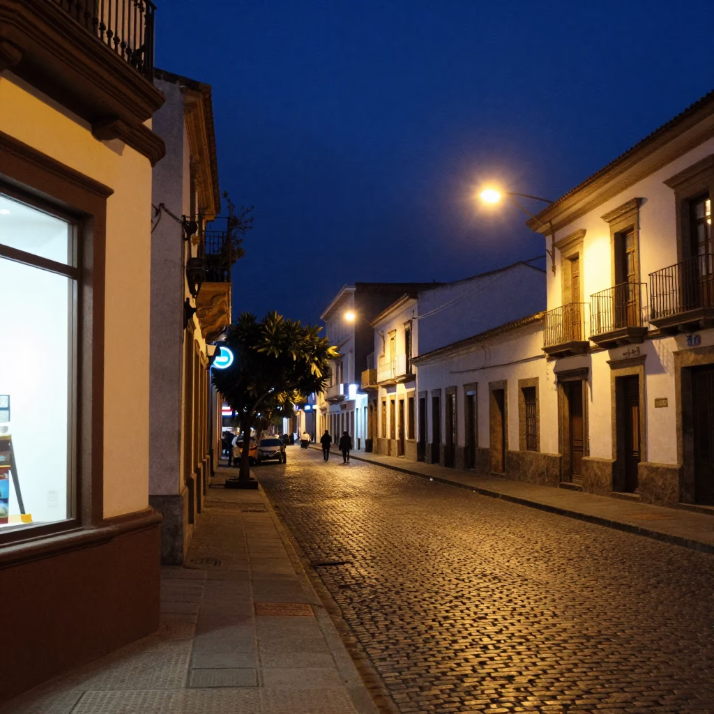 Midnight street scene in Quito Ecuador with neon lights and urban architecture in in Quito, Ecuador