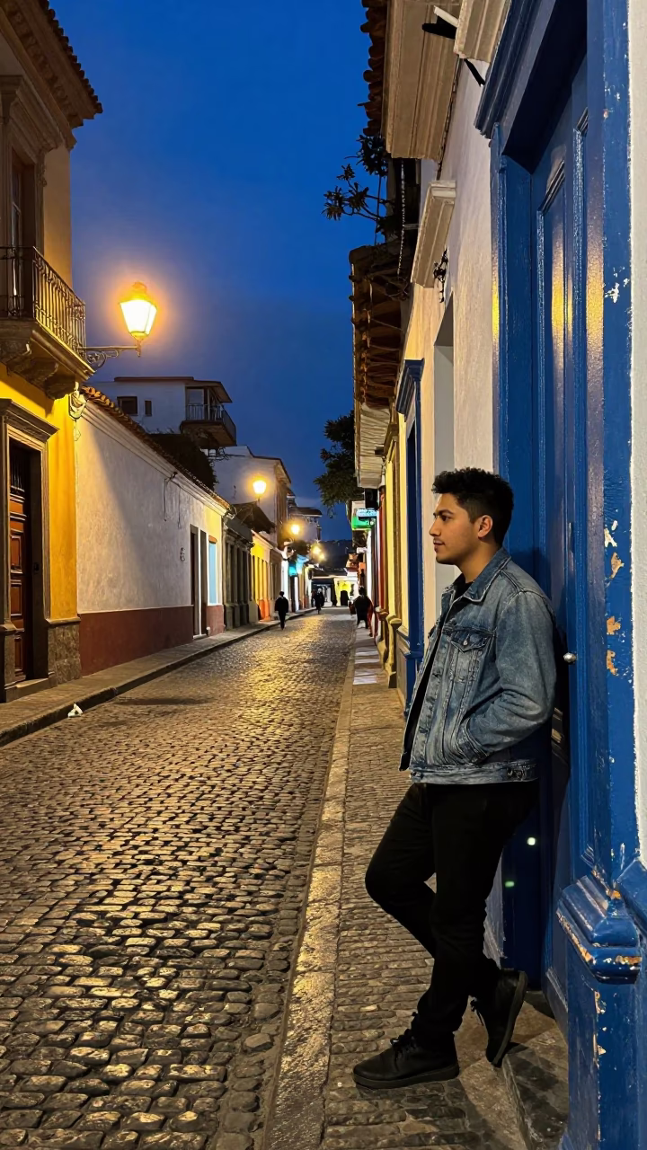 Midnight Street Scene in Quito Ecuador with Neon Lights and Urban Details in in Quito, Ecuador