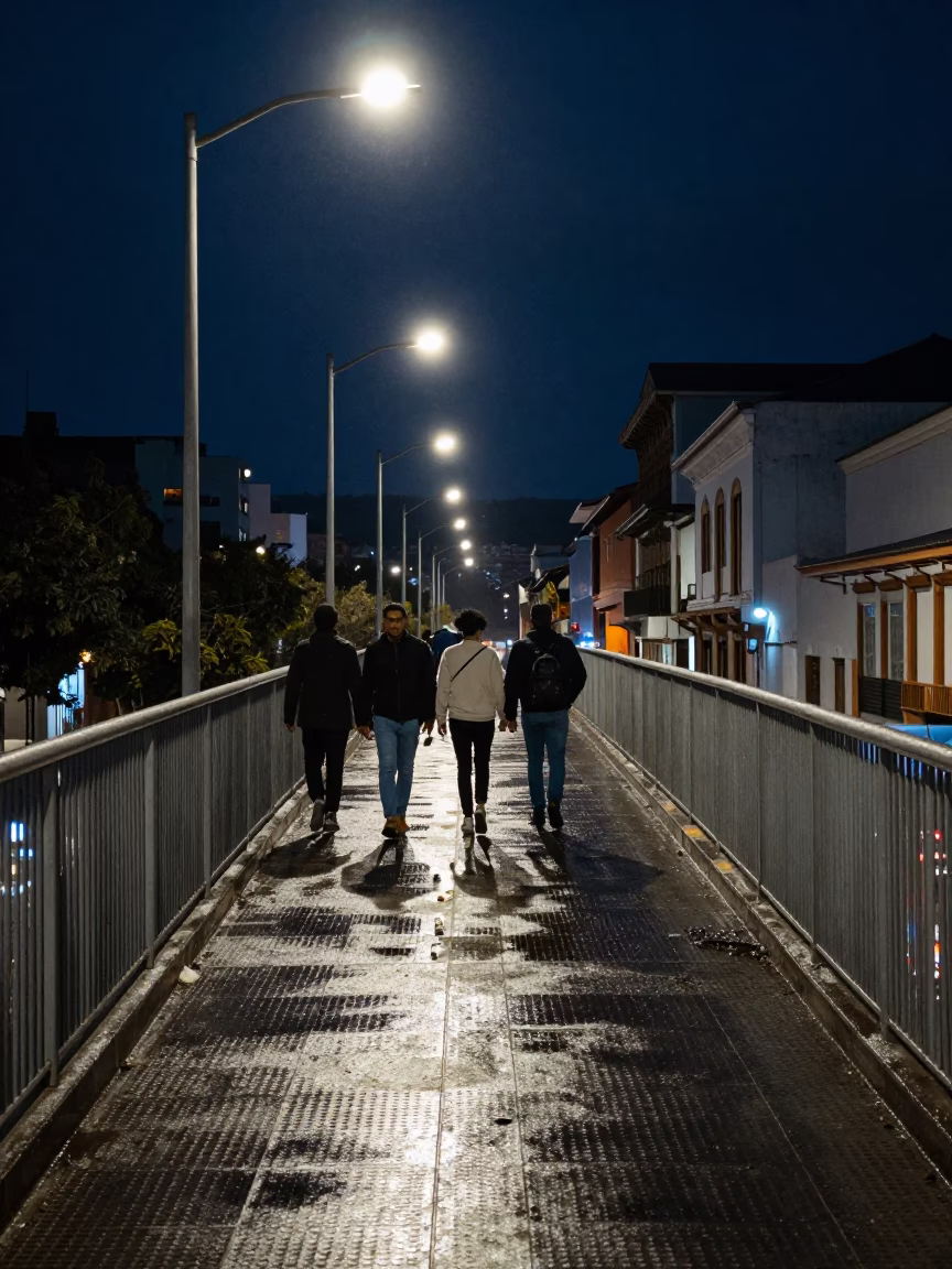 Midnight Street Scene in Quito Ecuador with Pedestrian Overpass and Wet Footsteps in in Quito, Ecuador