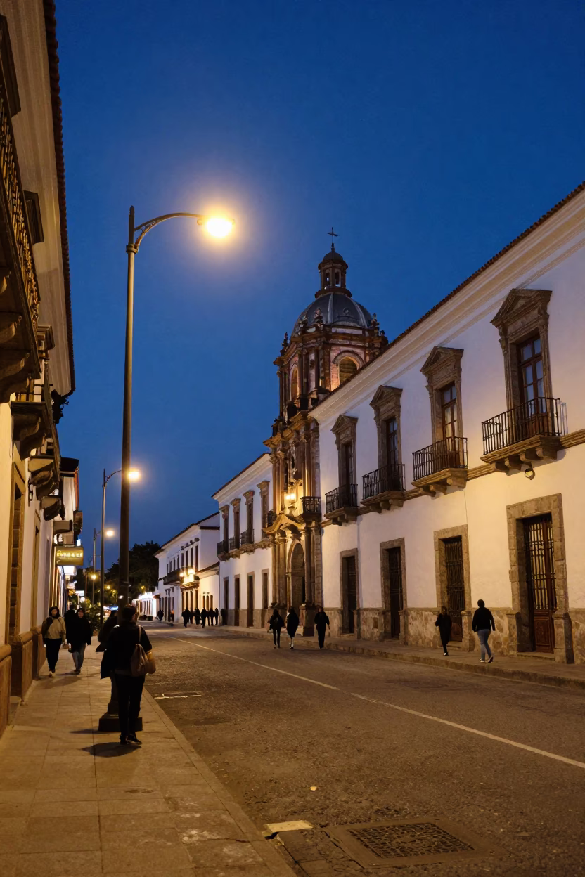 Midnight Street Scene in Quito Ecuador with Streetlights and Urban Architecture in in Quito, Ecuador