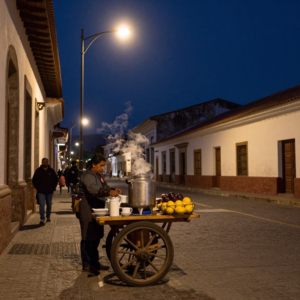 Midnight Street Scene in Quito Ecuador with Tea Seller and Local Details in in Quito, Ecuador
