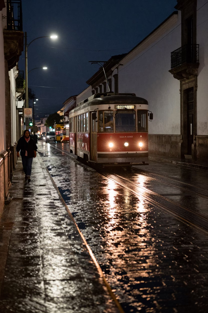 Midnight street scene in Quito Ecuador with tramcar reflection on wet cobblestones in in Quito, Ecuador