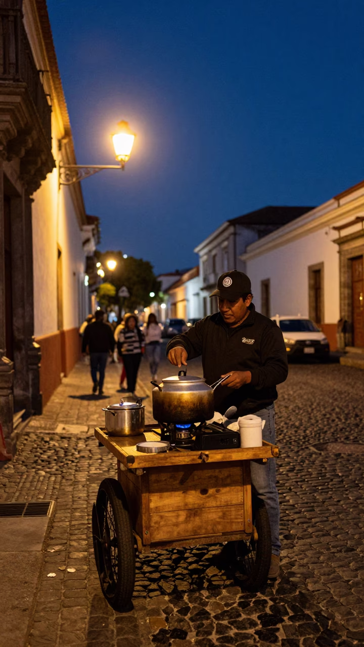 Midnight Street Scene in Quito Ecuador with Vintage Signet Ring and Stovetop Kettle in in Quito, Ecuador