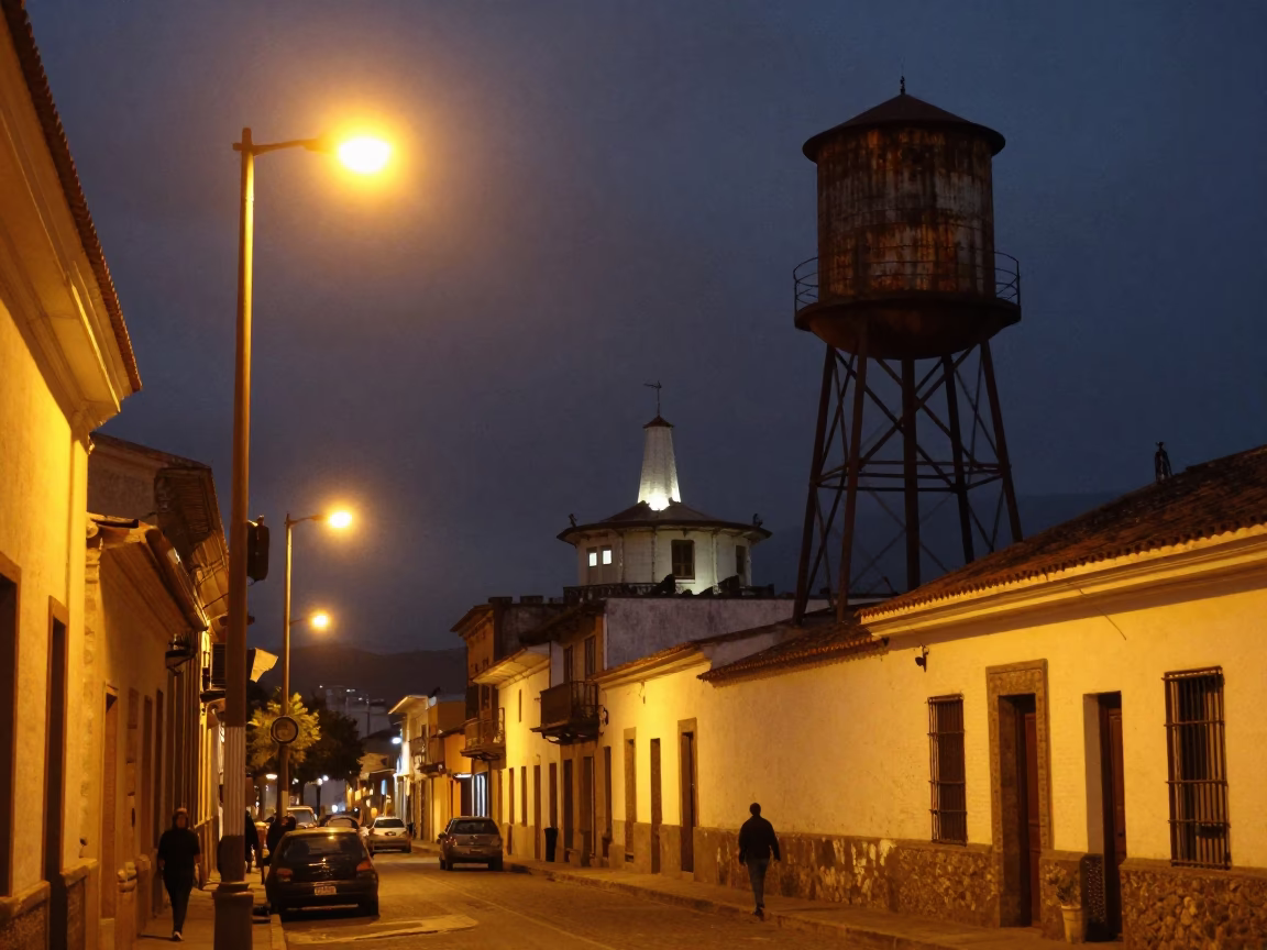 Midnight Street Scene in Quito Ecuador with Water Tower and Observatory Dome in in Quito, Ecuador