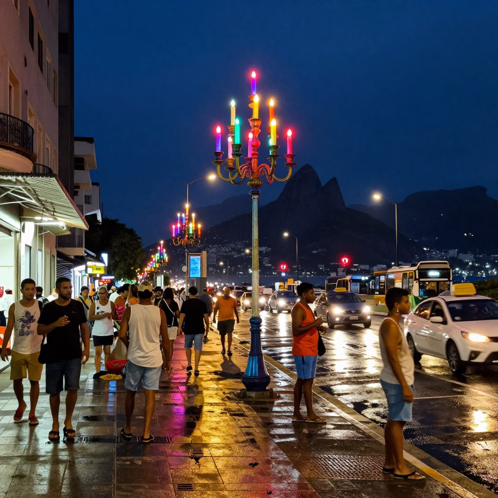 Midnight Street Scene in Rio de Janeiro Brazil with Colorful Candelabra Detail in in Rio de Janeiro, Brazil