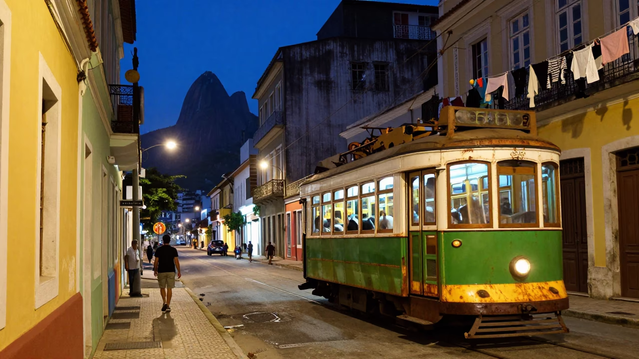 Midnight Street Scene in Rio de Janeiro Brazil with Rusty Tram and Clothesline in in Rio de Janeiro, Brazil