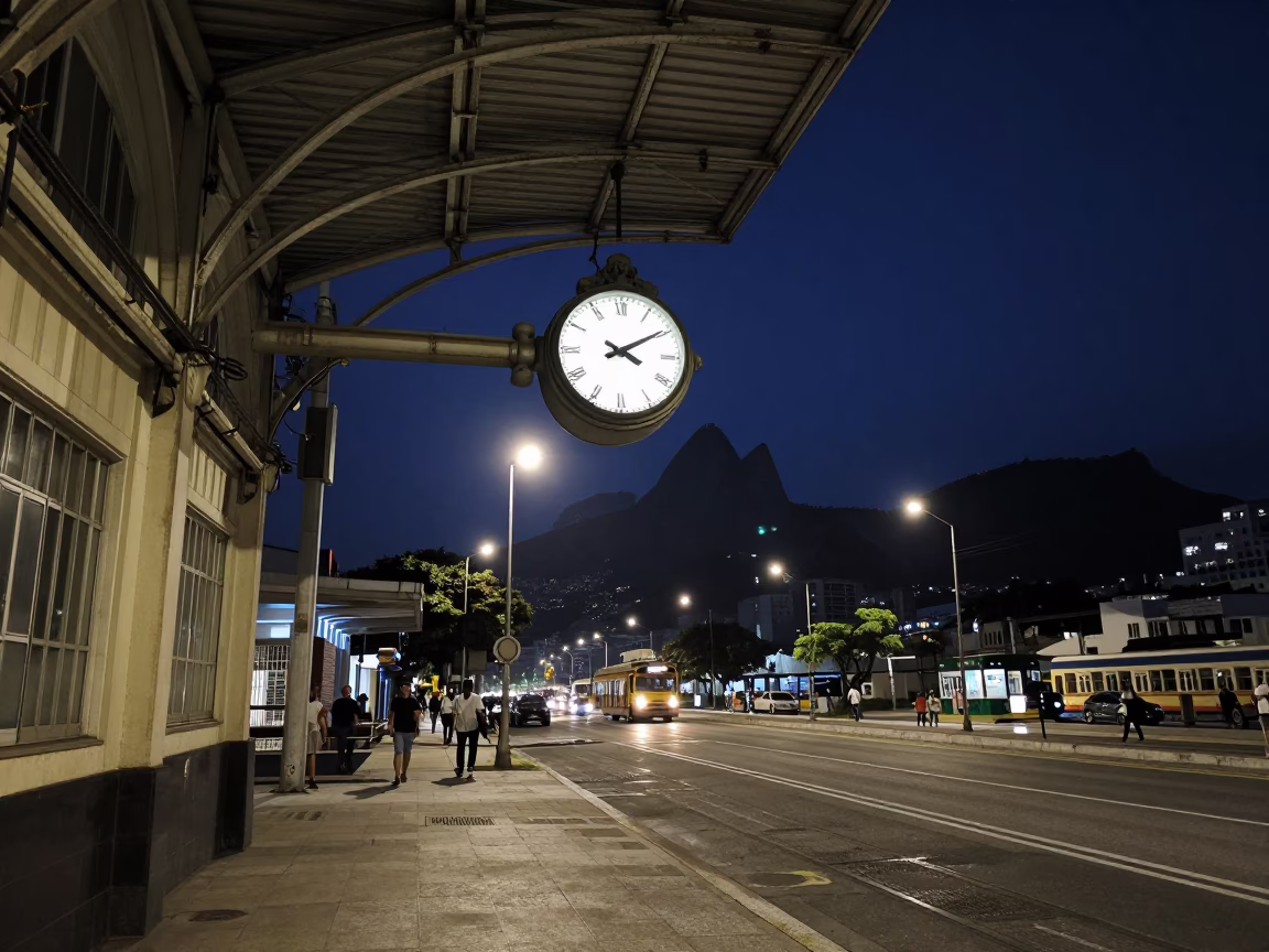 Midnight Street Scene in Rio de Janeiro Brazil with Vintage Train Station Clock in in Rio de Janeiro, Brazil