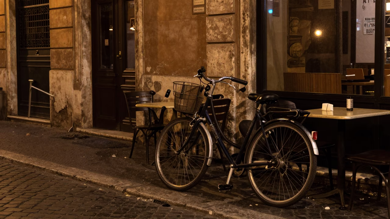 Midnight Street Scene in Rome Italy with Bicycle and Cafe Exterior in in Rome, Italy