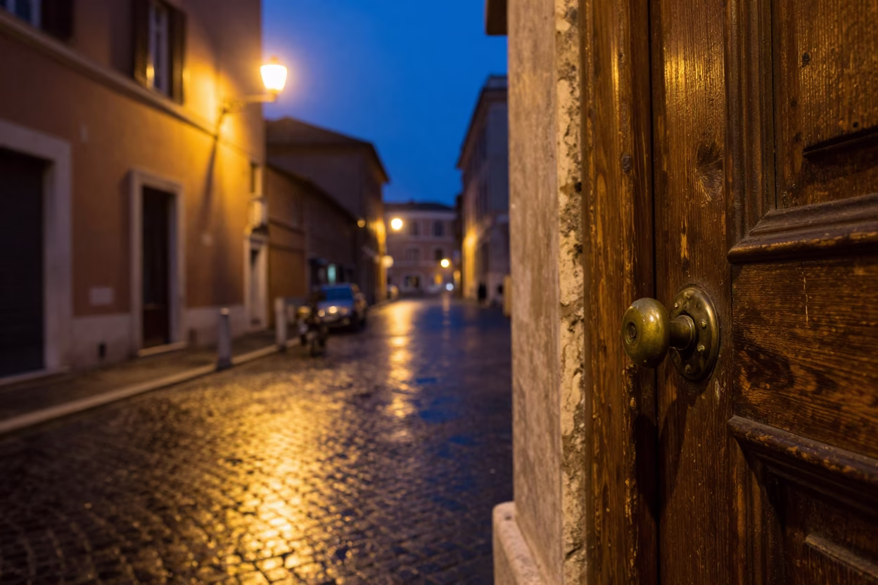 Midnight Street Scene in Rome Italy with Charcoal Stick and Doorknob Detail in in Rome, Italy