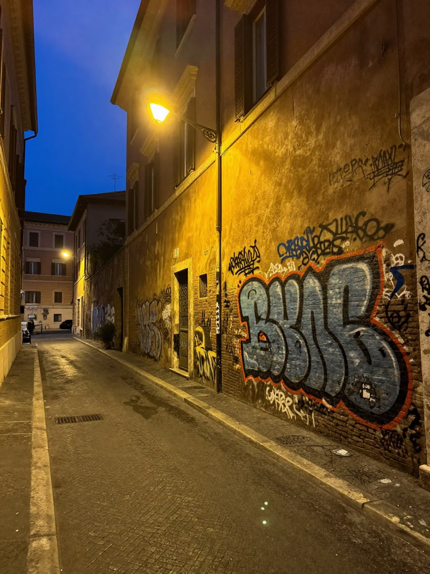 Midnight Street Scene in Rome Italy with Colorful Graffiti and Urban Details in in Rome, Italy