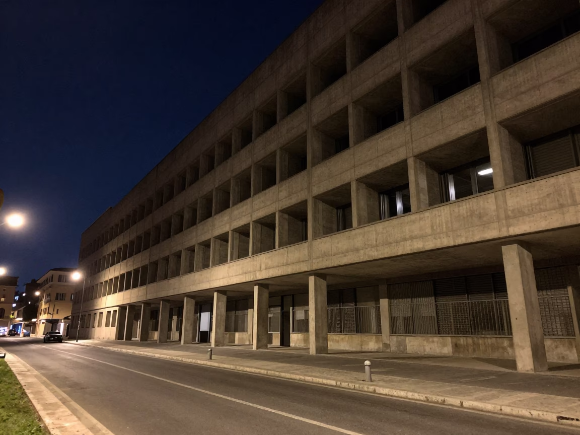 Midnight street scene in Rome Italy with concrete brutalist architecture and urban lighting in in Rome, Italy