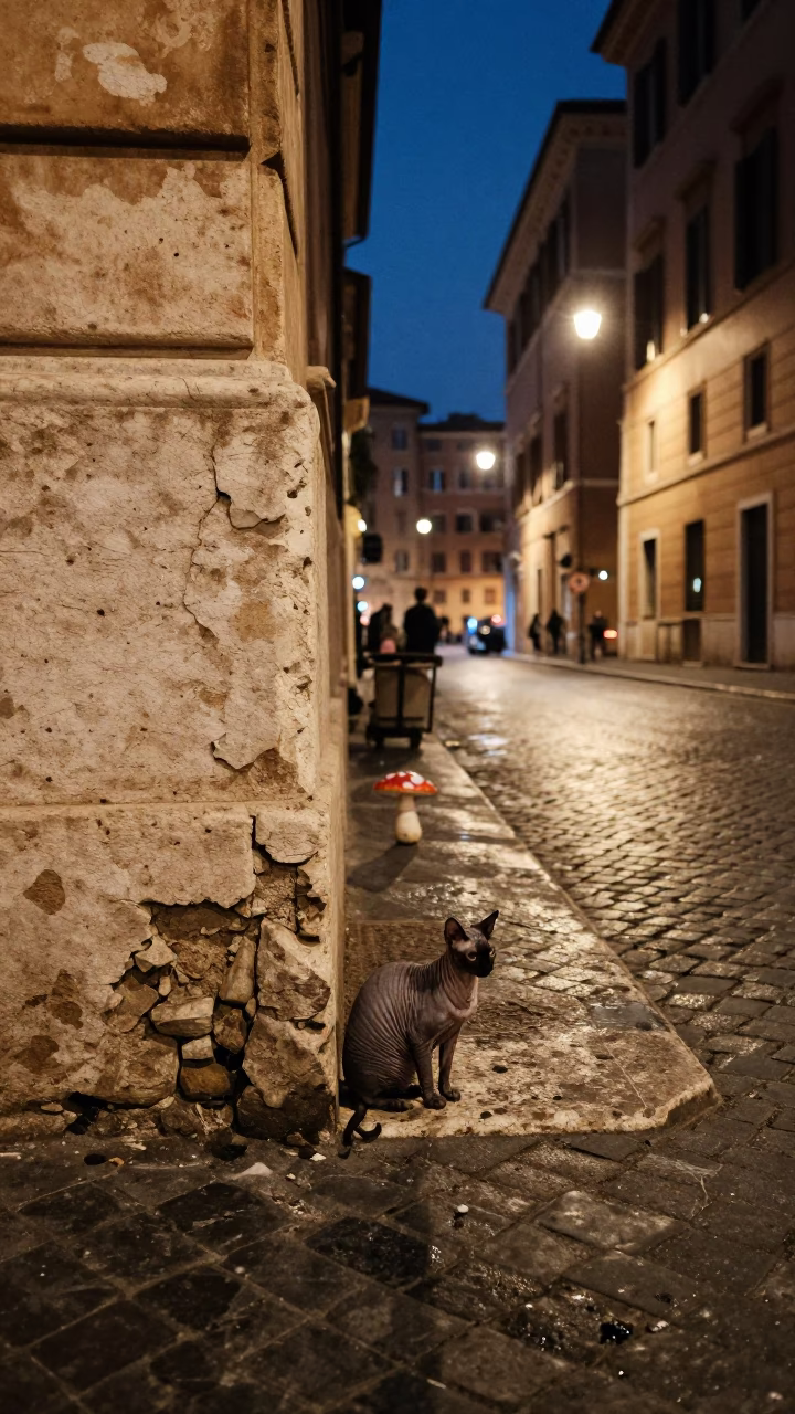 Midnight Street Scene in Rome Italy with Donskoy Cat and Toadstool Colony in in Rome, Italy