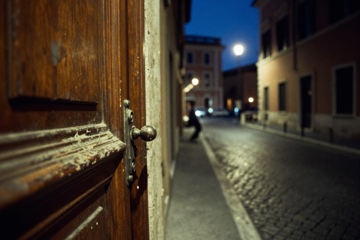 Midnight Street Scene in Rome Italy with Dusty Door Handle and Vintage 1970s Atmosphere in in Rome, Italy