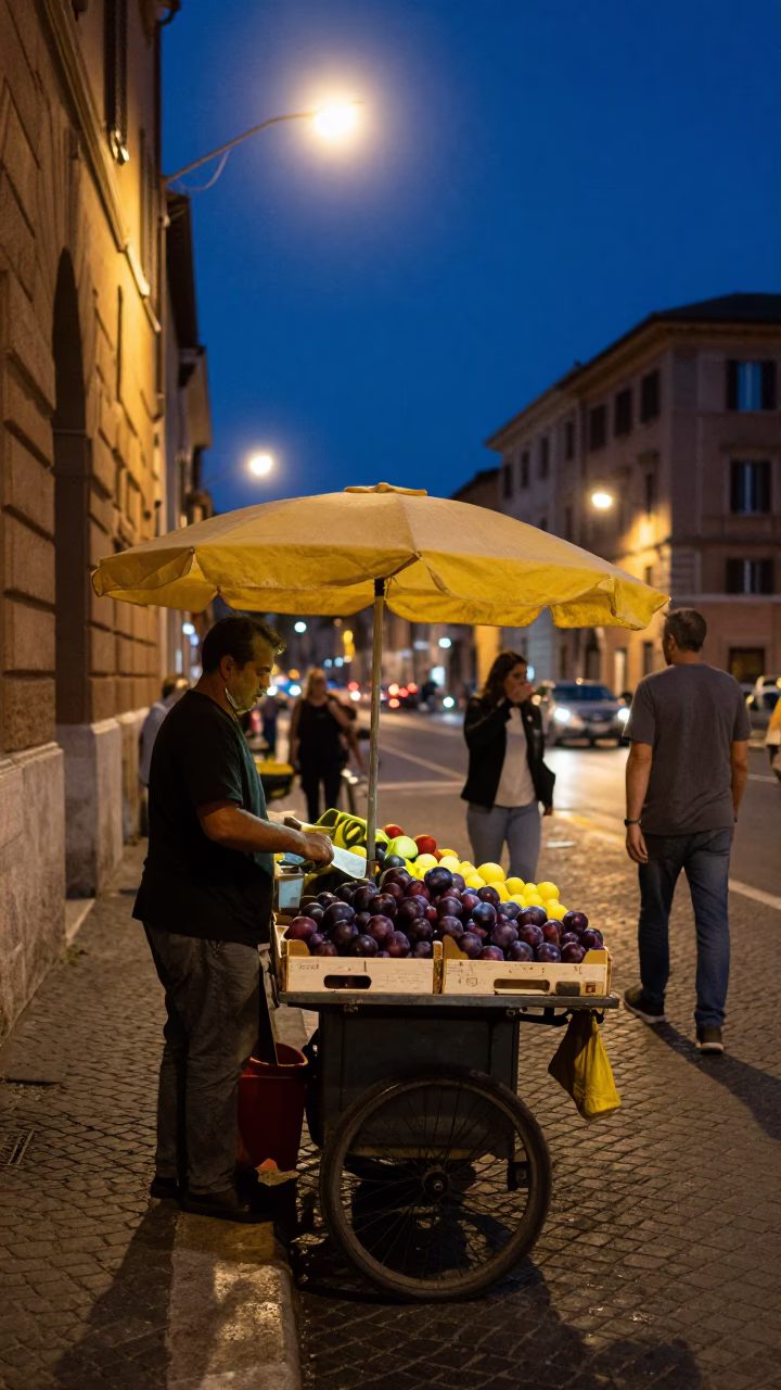 Midnight street scene in Rome Italy with fruit vendor and casual interaction in in Rome, Italy