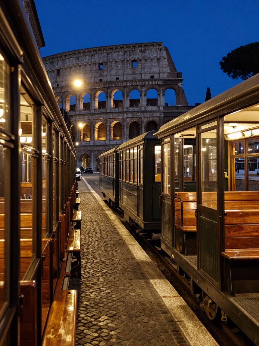 Midnight Street Scene in Rome Italy with Narrow Gauge Train and Crowbar in in Rome, Italy