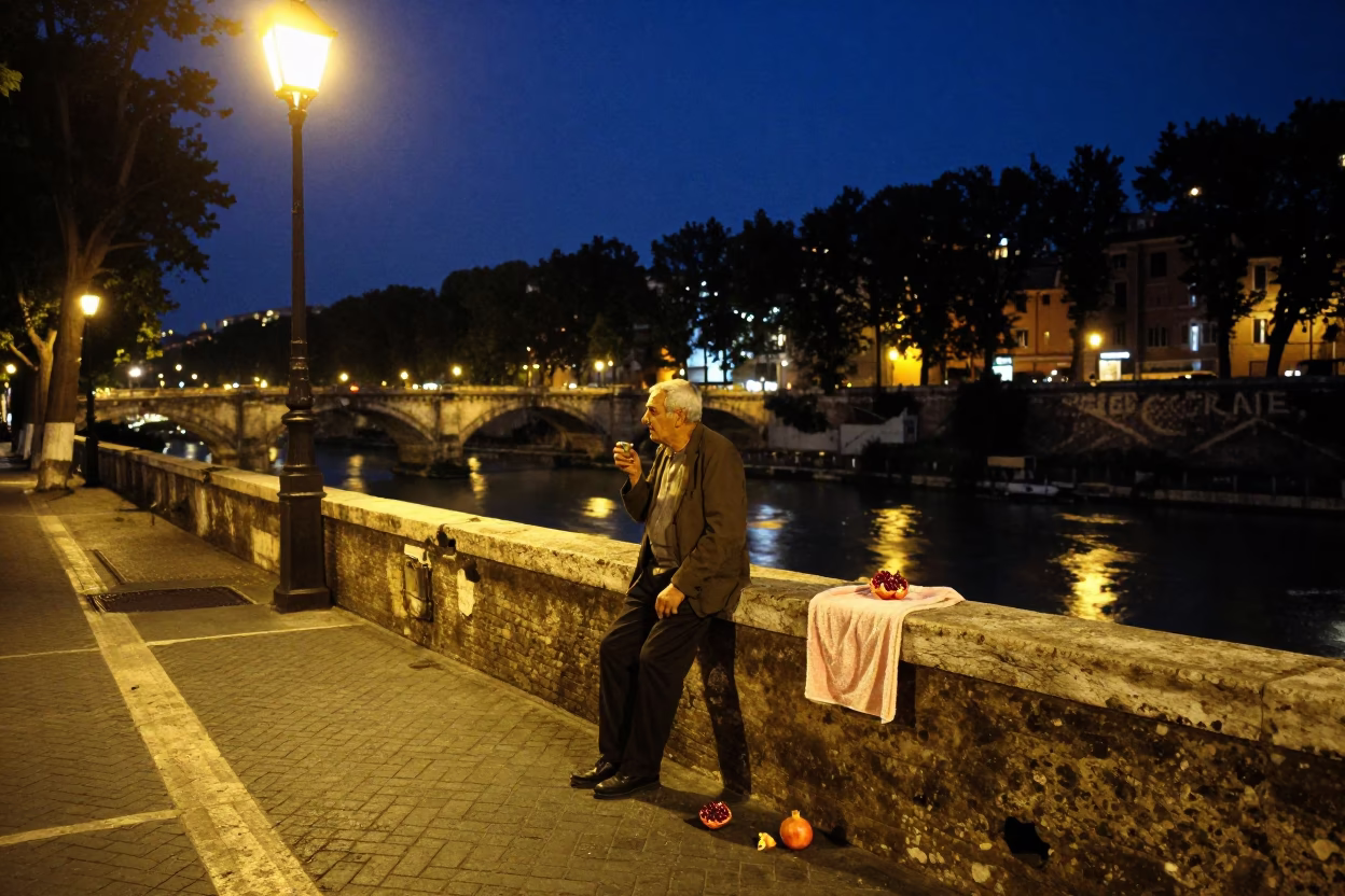 Midnight Street Scene in Rome Italy with Pomegranate and Towels in in Rome, Italy