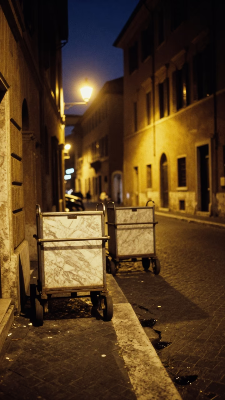 Midnight street scene in Rome Italy with rolling carts and marble details in in Rome, Italy