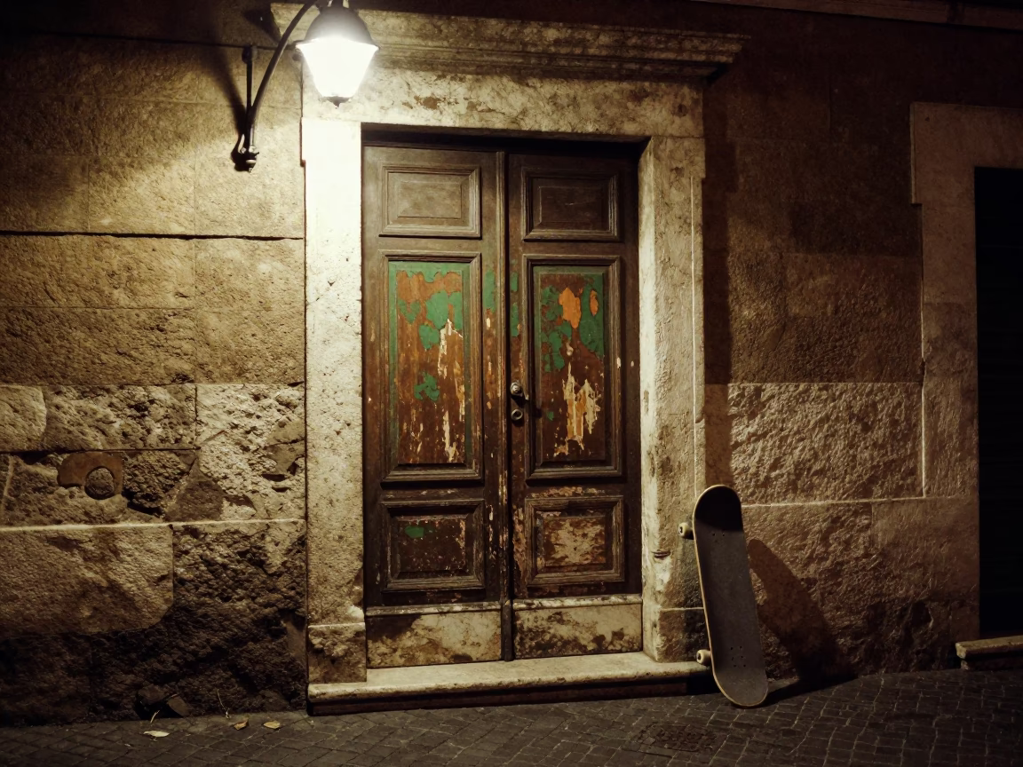 Midnight street scene in Rome Italy with skateboard leaning against historic stone wall in in Rome, Italy