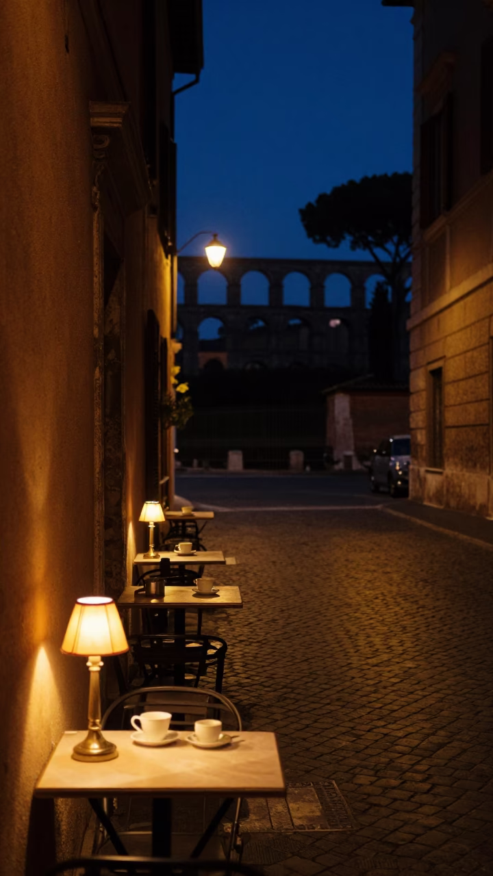 Midnight street scene in Rome Italy with table lamps and coffee mugs in in Rome, Italy