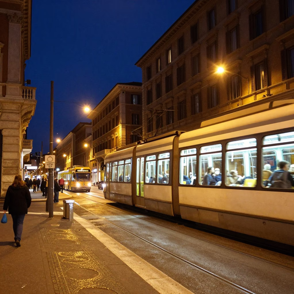 Midnight Street Scene in Rome Italy with Tram and Urban Details in in Rome, Italy