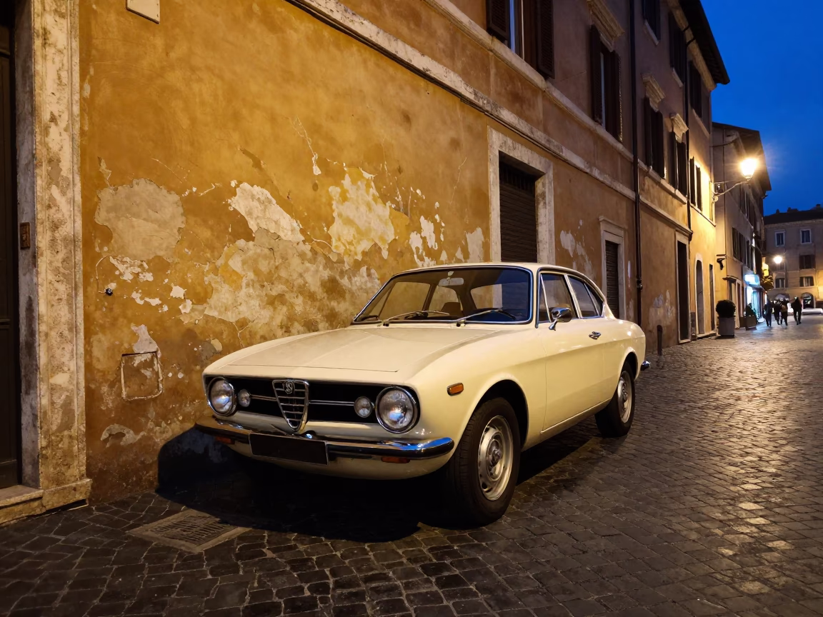 Midnight Street Scene in Rome Italy with Vintage Car and Neon Sign in in Rome, Italy