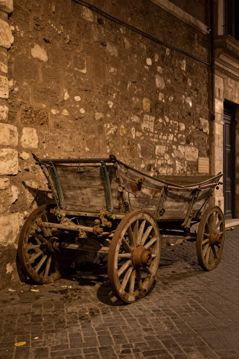 Midnight street scene in Rome Italy with vintage ox cart and urban architecture in in Rome, Italy