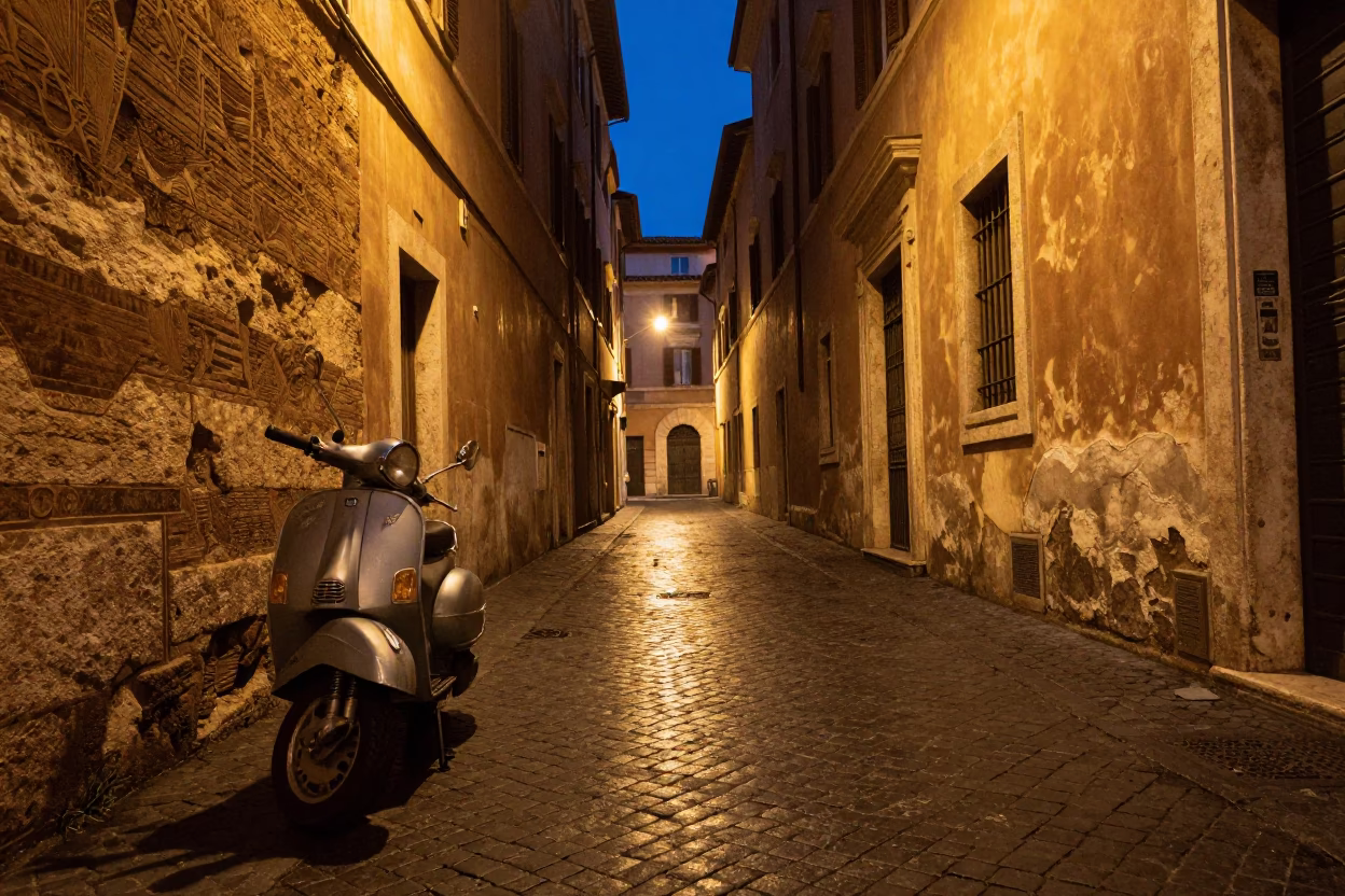 Midnight street scene in Rome Italy with vintage scooter and stone architecture in in Rome, Italy