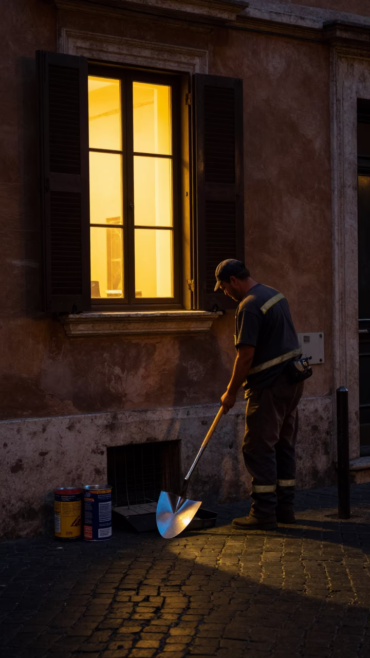 Midnight Street Scene in Rome Italy with Window Light and Trowel in in Rome, Italy