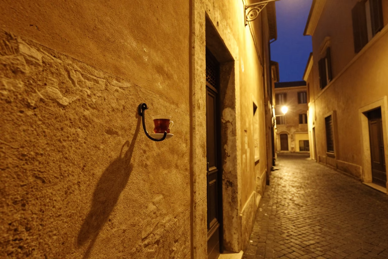 Midnight street scene in Rome with wall hook and tea stains on mirror edge in in Rome, Italy