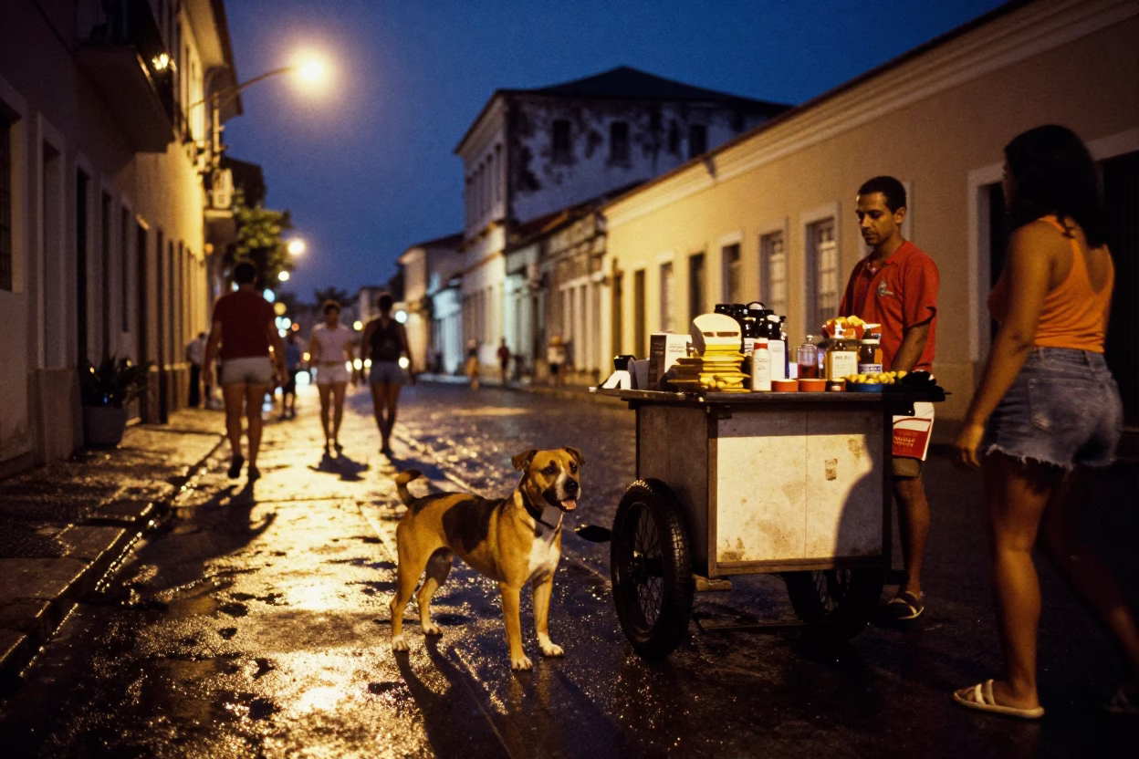 Midnight Street Scene in Salvador Brazil with American Staffordshire Terrier and Local Night Activity in in Salvador, Brazil