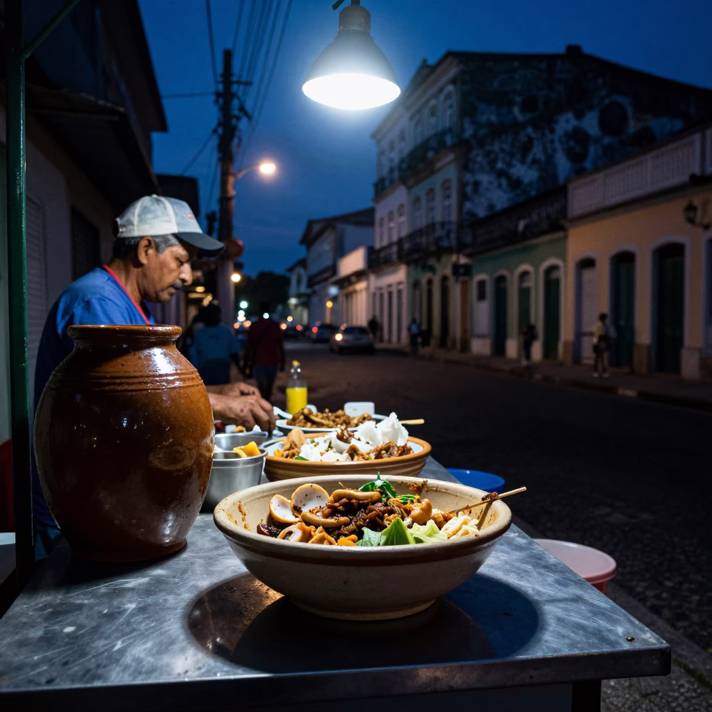 Midnight Street Scene in Salvador Brazil with Ceramic Bowl and Jar in in Salvador, Brazil