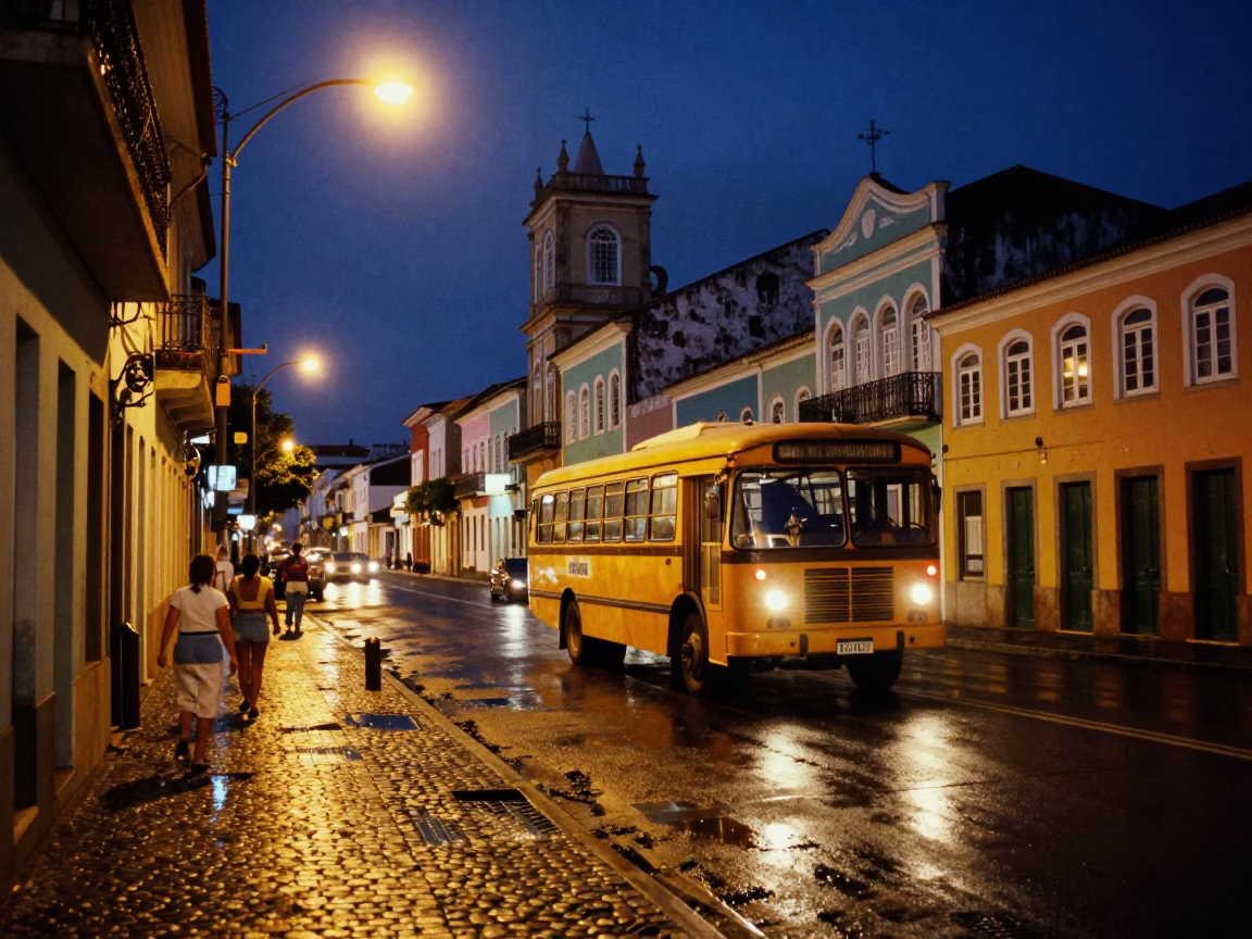Midnight Street Scene in Salvador Brazil with Classic Bus and Colorful Architecture in in Salvador, Brazil