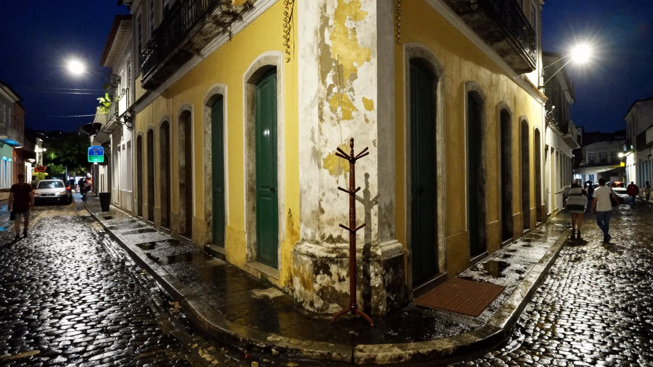 Midnight Street Scene in Salvador Brazil with Coat Stand and Doormat in in Salvador, Brazil