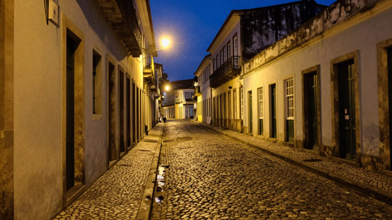 Midnight Street Scene in Salvador Brazil with Cobblestones and Night Lights in in Salvador, Brazil