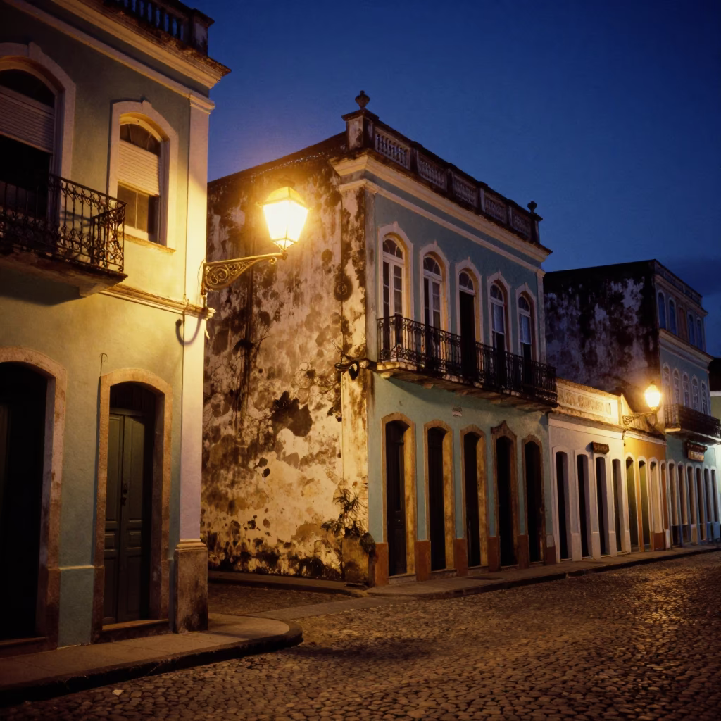 Midnight Street Scene in Salvador Brazil with Colorful Architecture and Local Life in in Salvador, Brazil