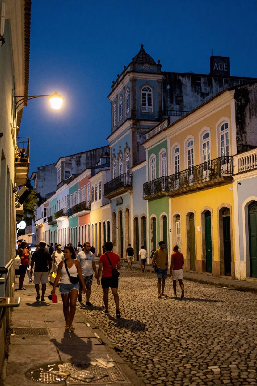 Midnight Street Scene in Salvador Brazil with Colorful Architecture and Local Nightlife Activity in in Salvador, Brazil