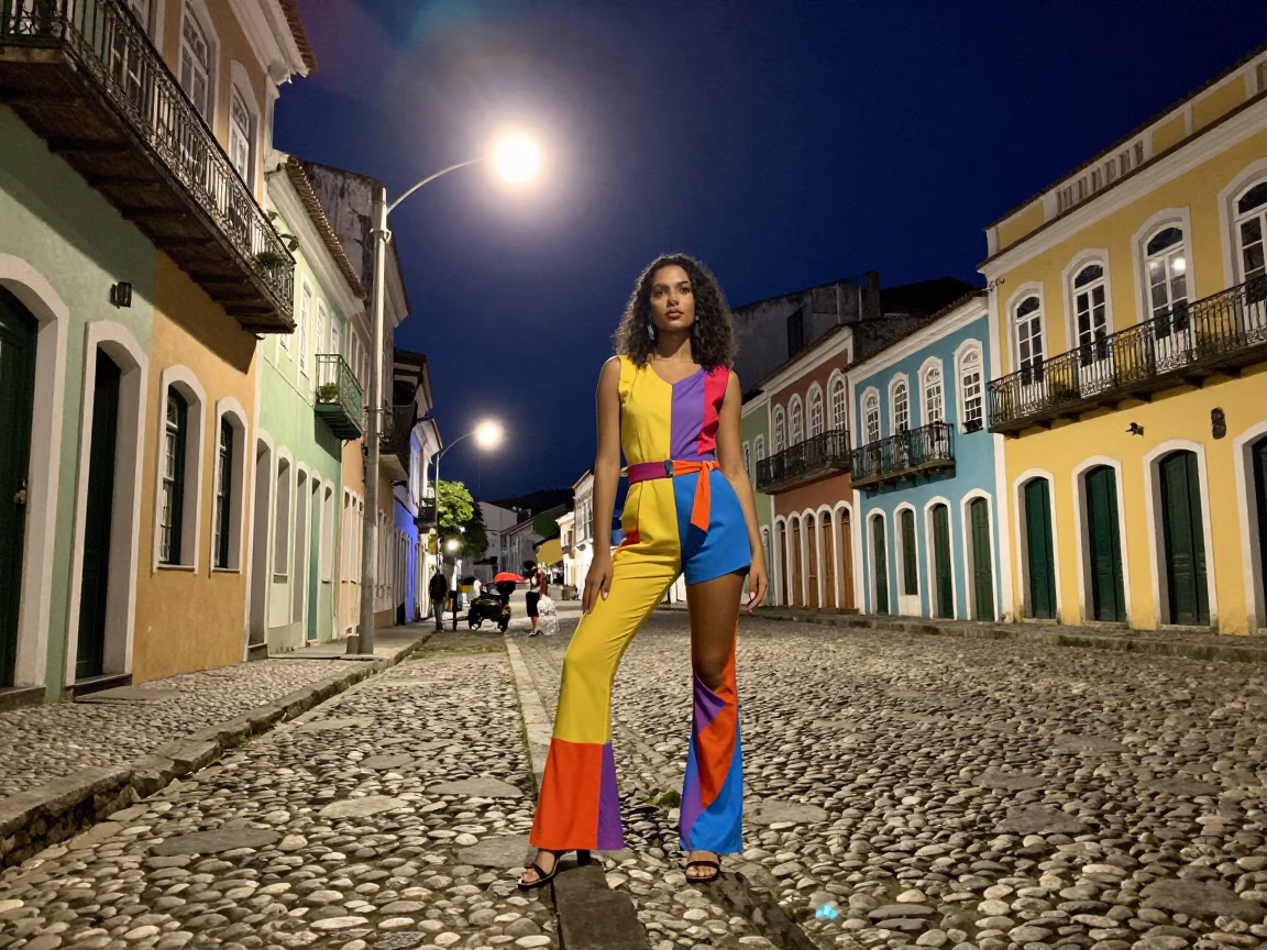 Midnight Street Scene in Salvador Brazil with Colorful Fashion and Glass Tumbler in in Salvador, Brazil