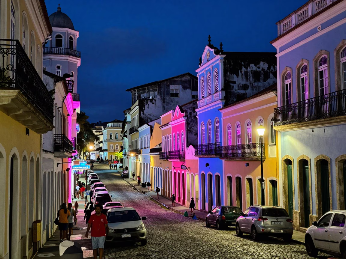 Midnight Street Scene in Salvador Brazil with Colorful Neon and Urban Architecture in in Salvador, Brazil