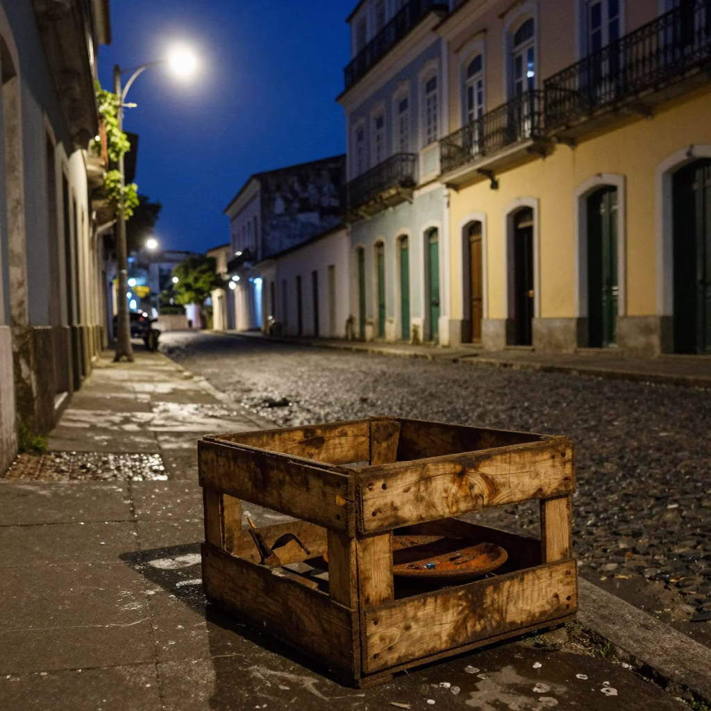 Midnight Street Scene in Salvador Brazil with Crate and Rusty Saucer in in Salvador, Brazil