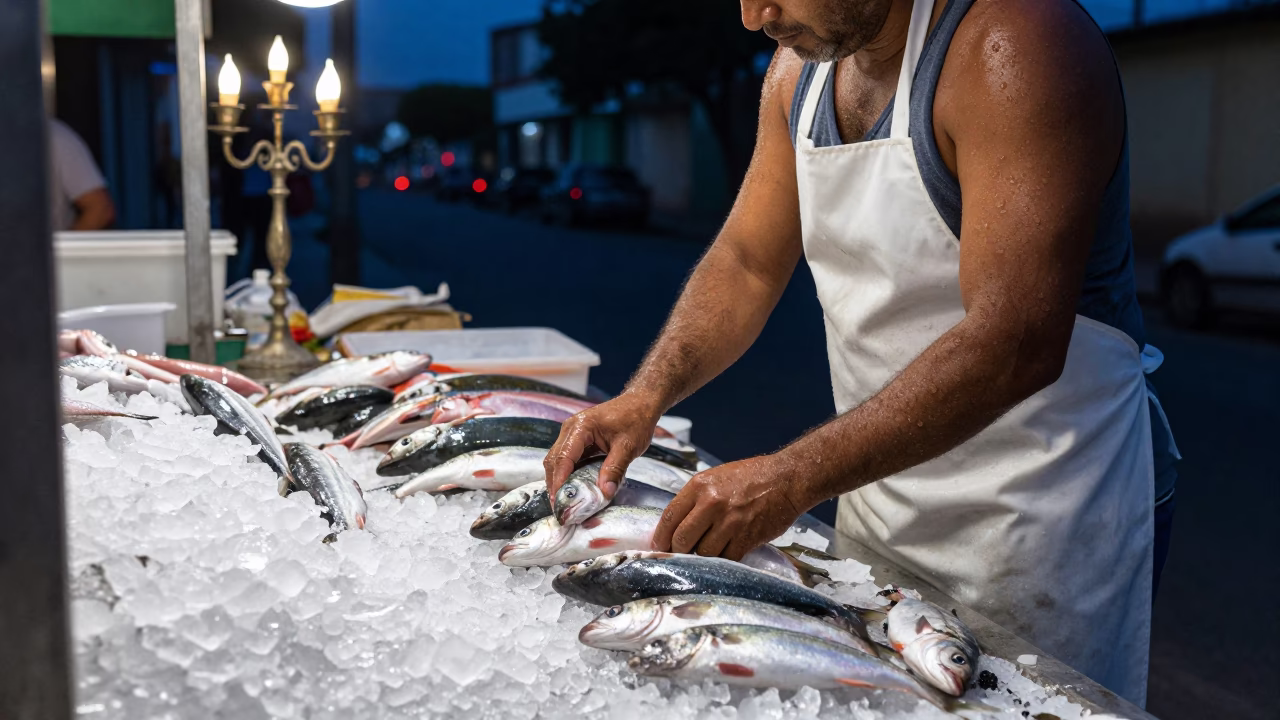 Midnight Street Scene in Salvador Brazil with Fishmonger and Candelabra in in Salvador, Brazil