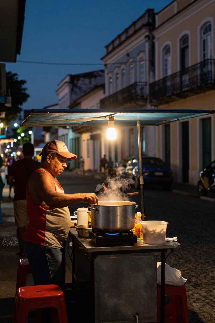Midnight Street Scene in Salvador Brazil with Local Food and Urban Details in in Salvador, Brazil