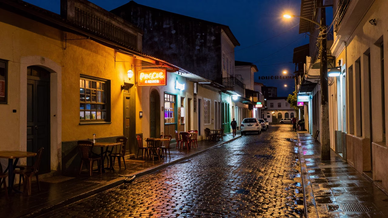 Midnight Street Scene in Salvador Brazil with Neon Lights and Local Nightlife Activity in in Salvador, Brazil