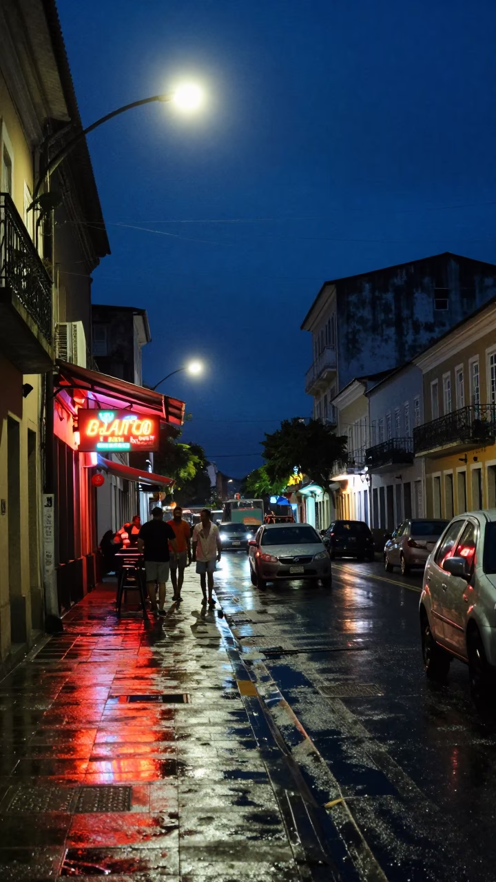 Midnight Street Scene in Salvador Brazil with Neon Signs and Urban Details in in Salvador, Brazil