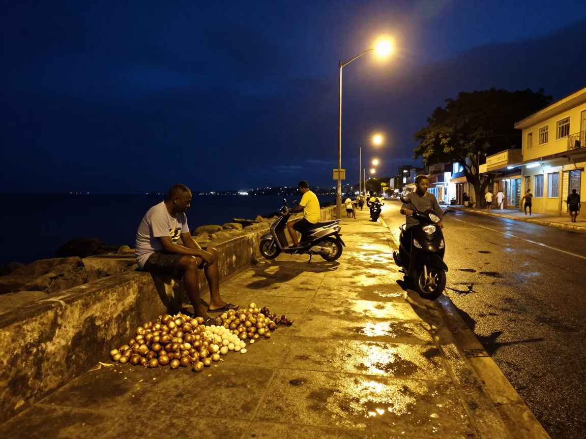 Midnight Street Scene in Salvador Brazil with Onions and Scooter at Harbor in in Salvador, Brazil