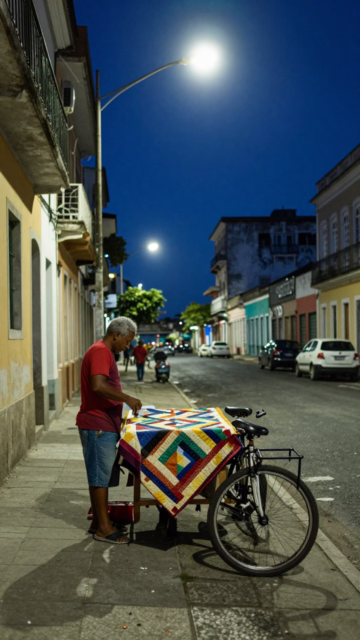 Midnight Street Scene in Salvador Brazil with Quilt and Bicycle Rack in in Salvador, Brazil